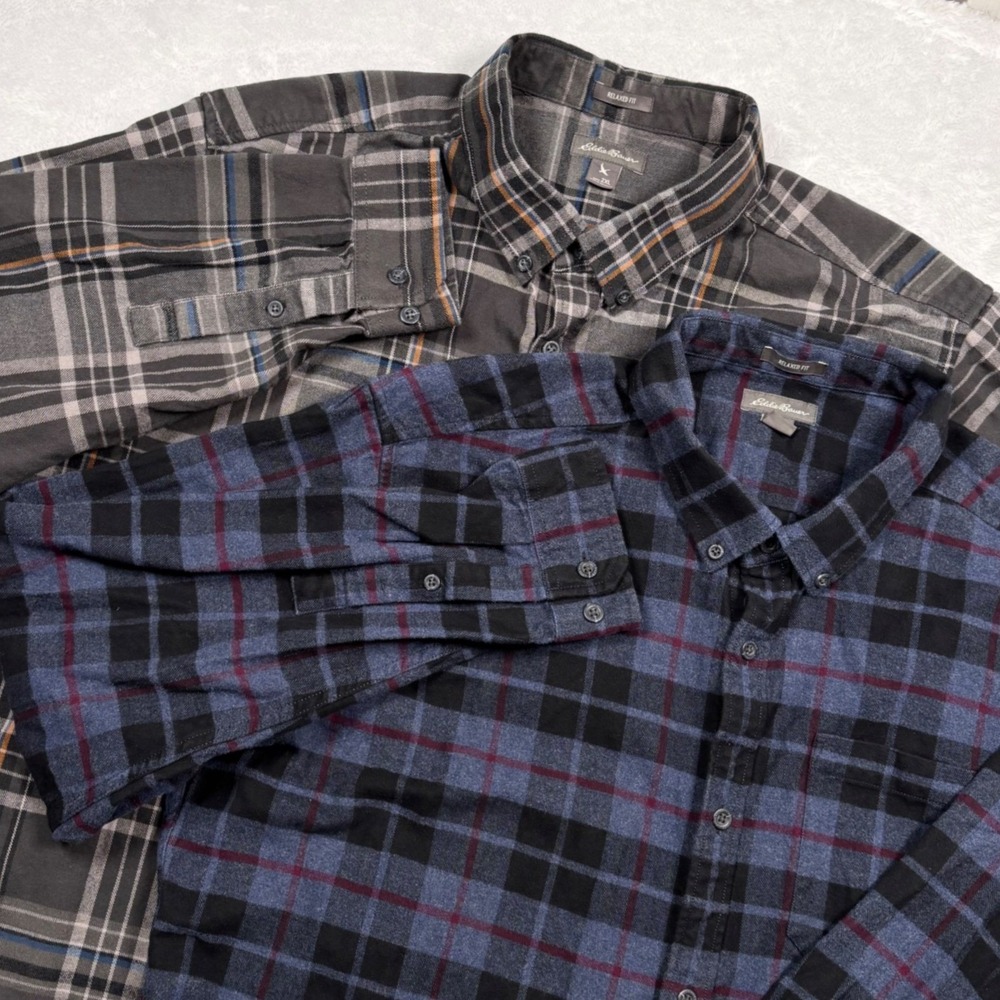 Lot of 2 Eddie Bauer Flannel Shirts Men 2XL Blue Gray Plaid Relaxed Heavyweight